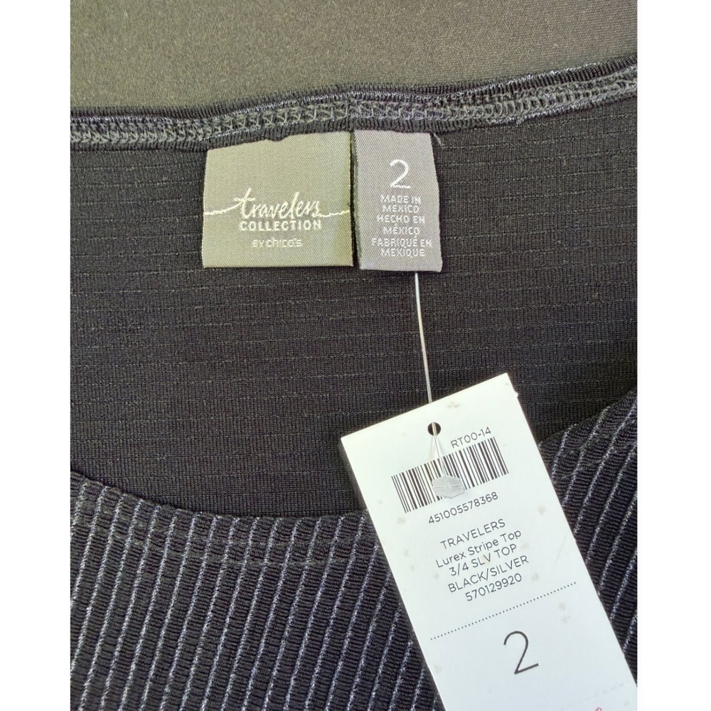 Chicos Travelers Lurex Stripe Top 2 Large Black Silver Metallic 3/4 Sleeve NEW - Picture 7 of 13